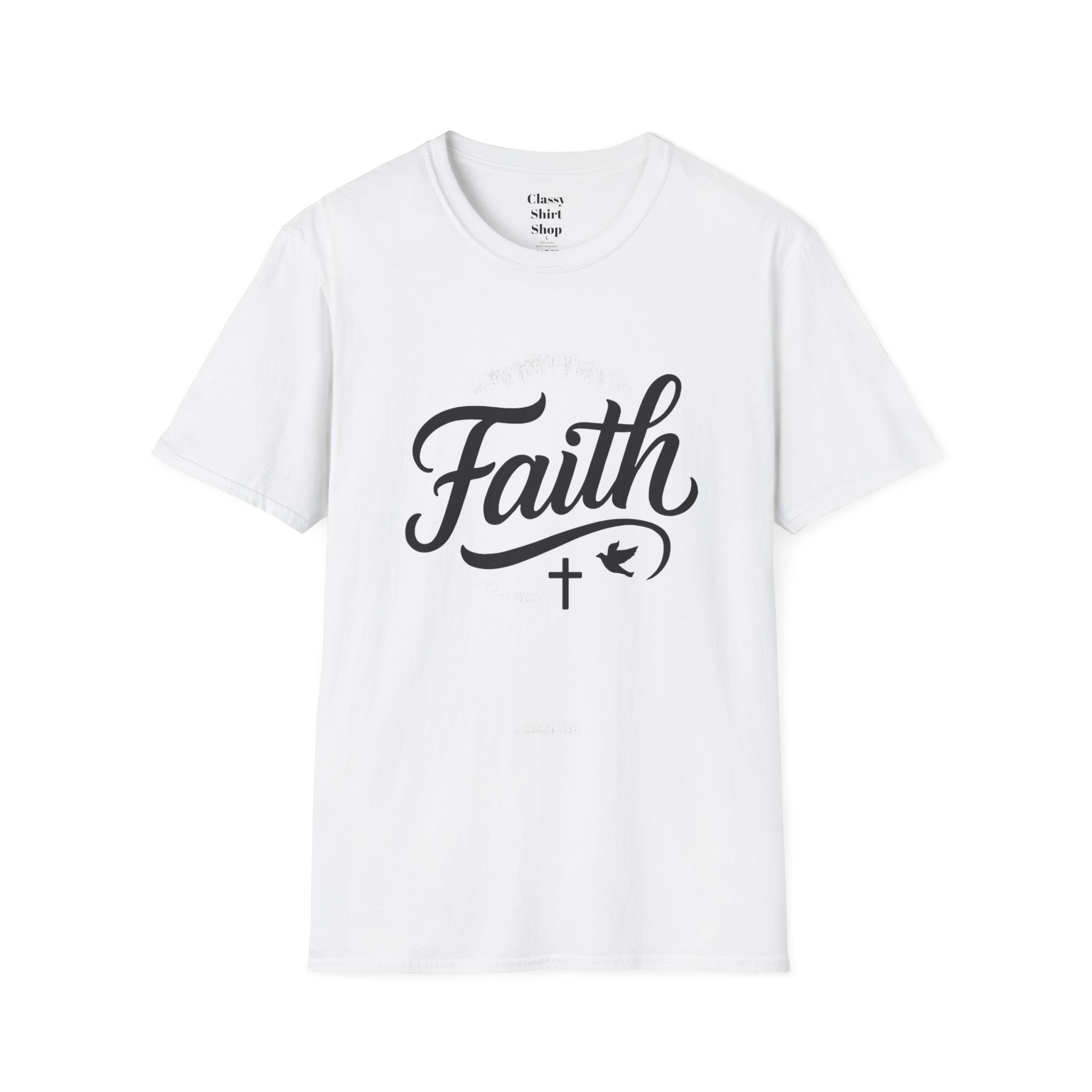 Faith Script T-Shirt — Christian Cross & Dove Inspirational Tee